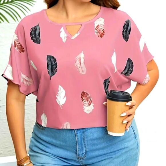Plus Size Feather Print Cut Out Short Sleeve Top Sz 4X - Picture 1 of 4